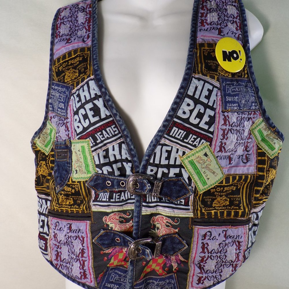 No! Jeans Vest 100% Cotton, Buckles, Pocket, Yellow Button. Patchwork Women's L